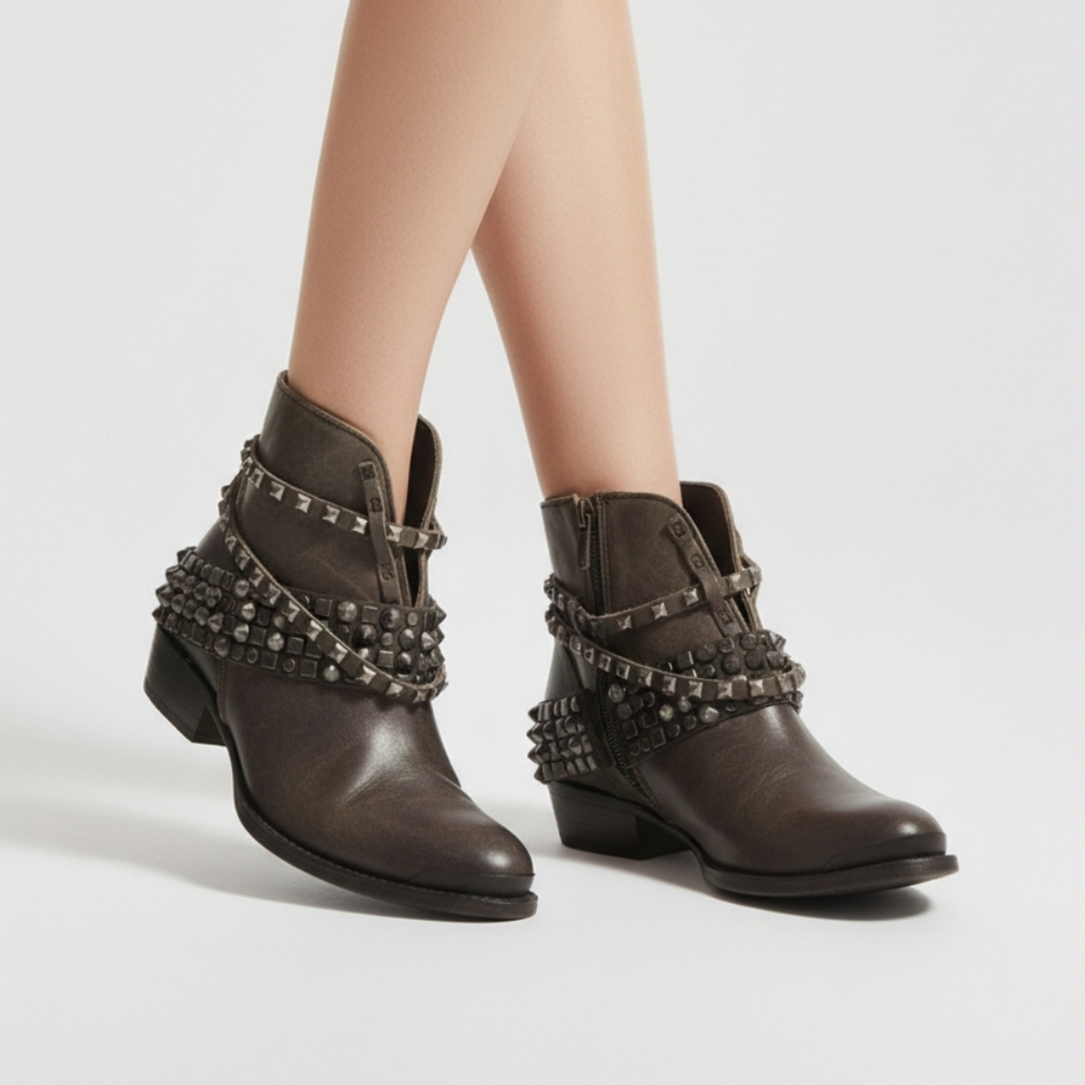 Freebird by Steven Mezlow Gray Leather Studded Ankle Bootie Boot 6
